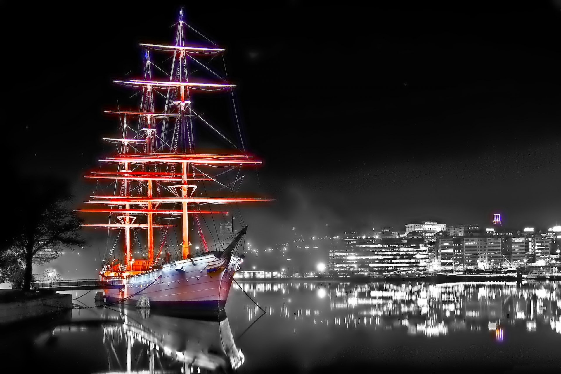 night lights house ship mast water surface surface of reflection mirror