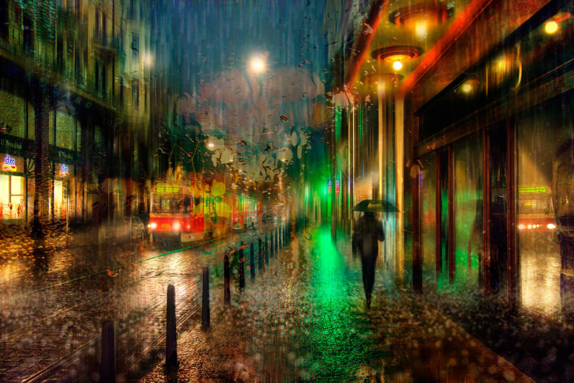 prague night rain the tram