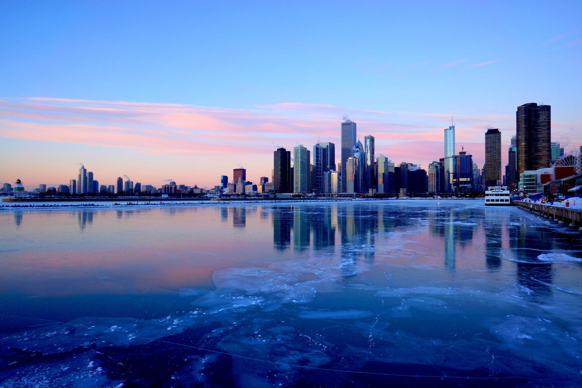 chicago illinois città fiume grattacieli sera inverno