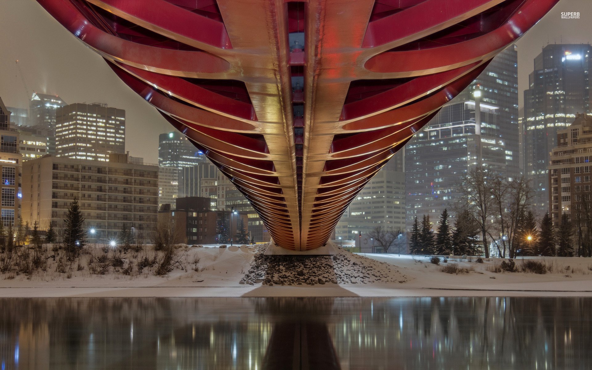 pont rivière hiver soirée lumières maison