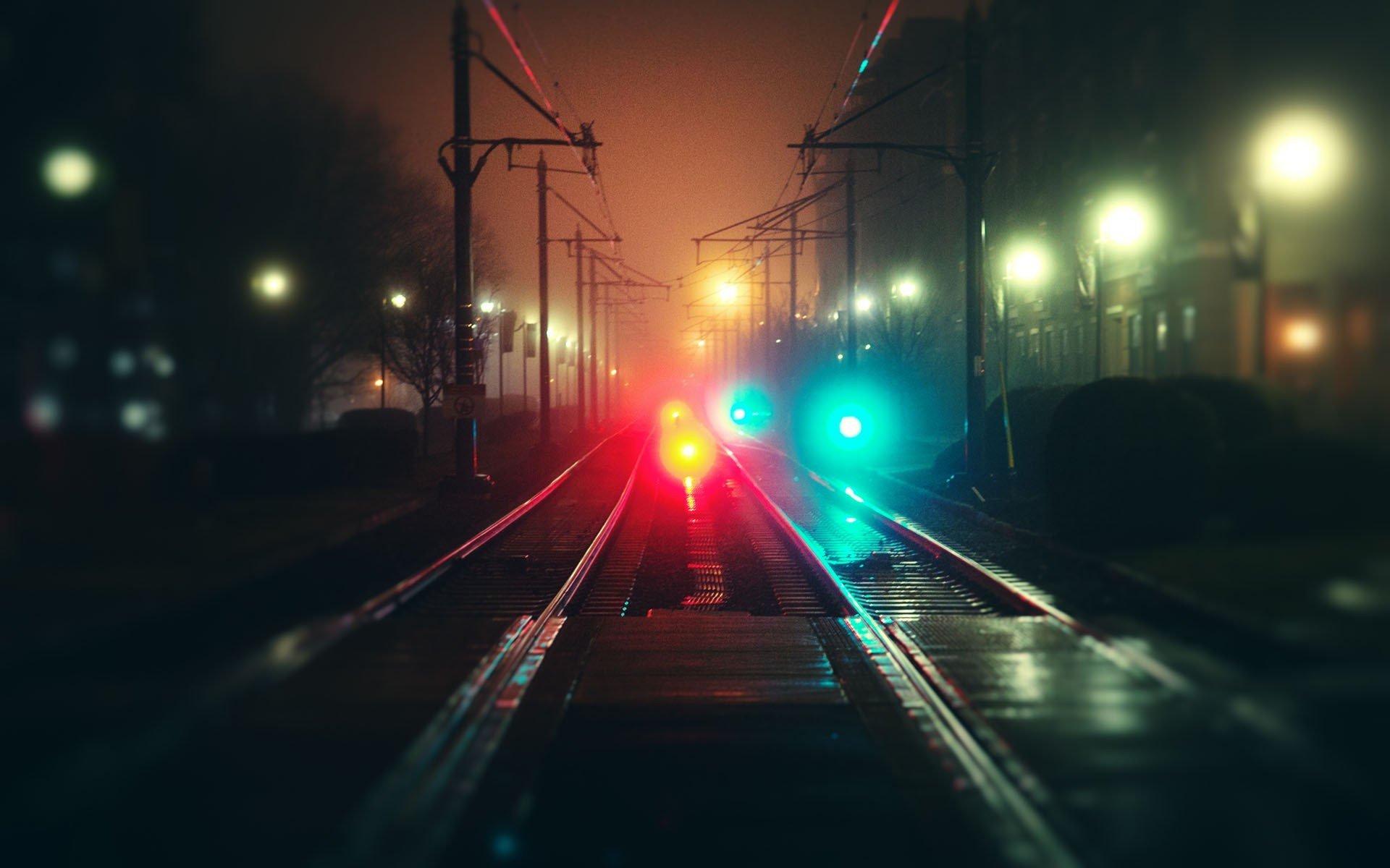 stadt nacht straßen schienen nebel bokeh