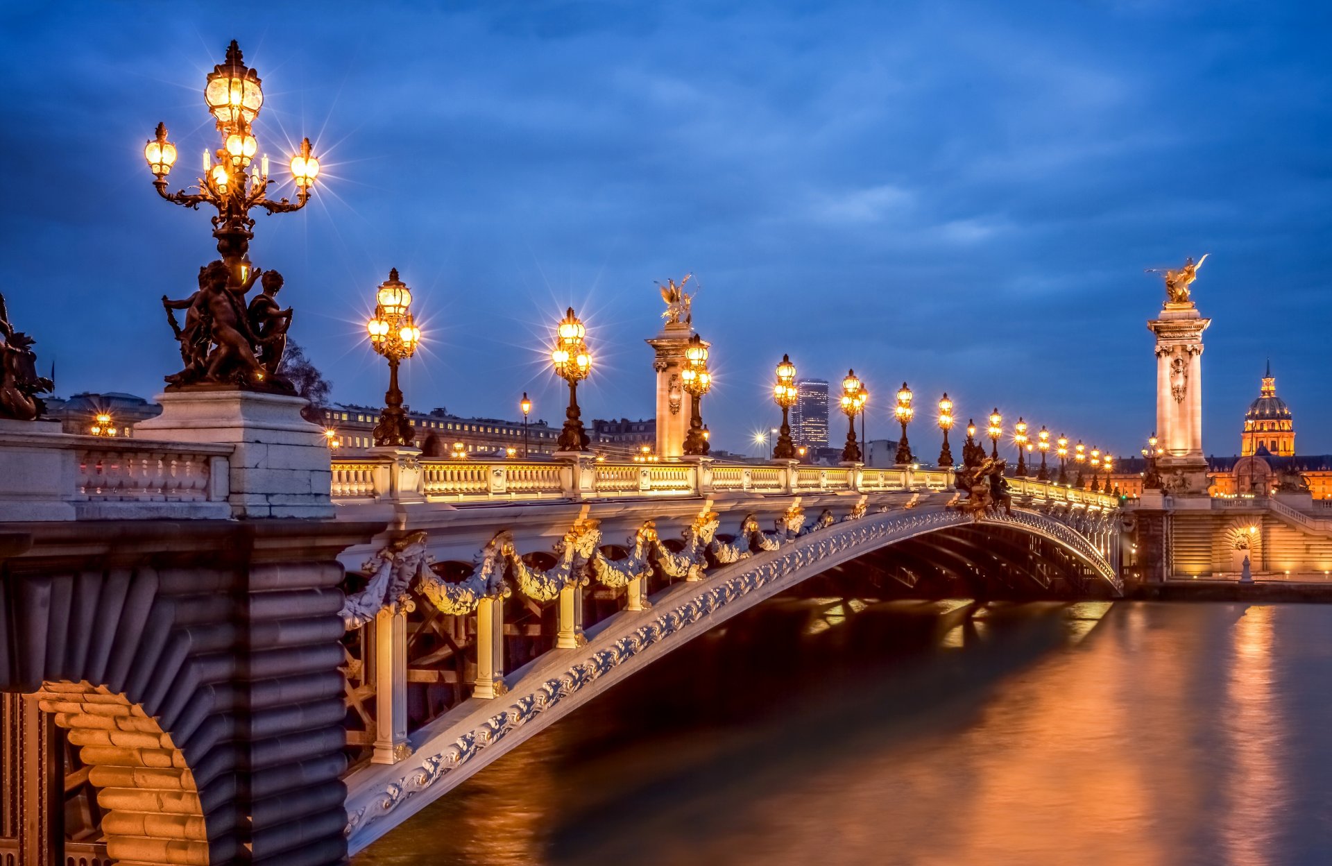 paris frankreich stadt abend alexander-iii-brücke lichter licht beleuchtung fluss seine