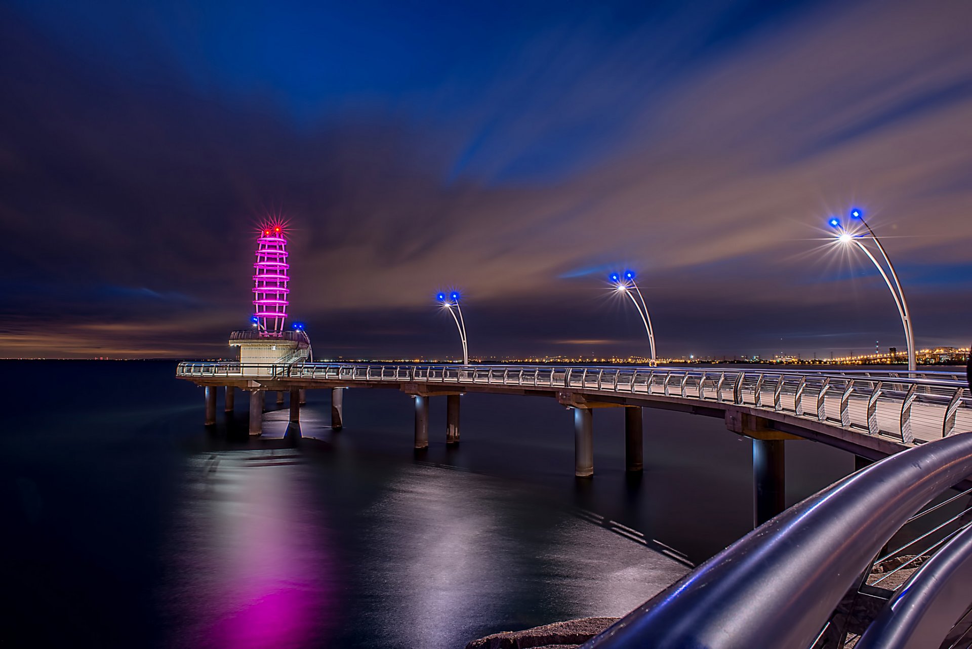 canada ontario town burlington night lake bridge pier lamps lighting lights light