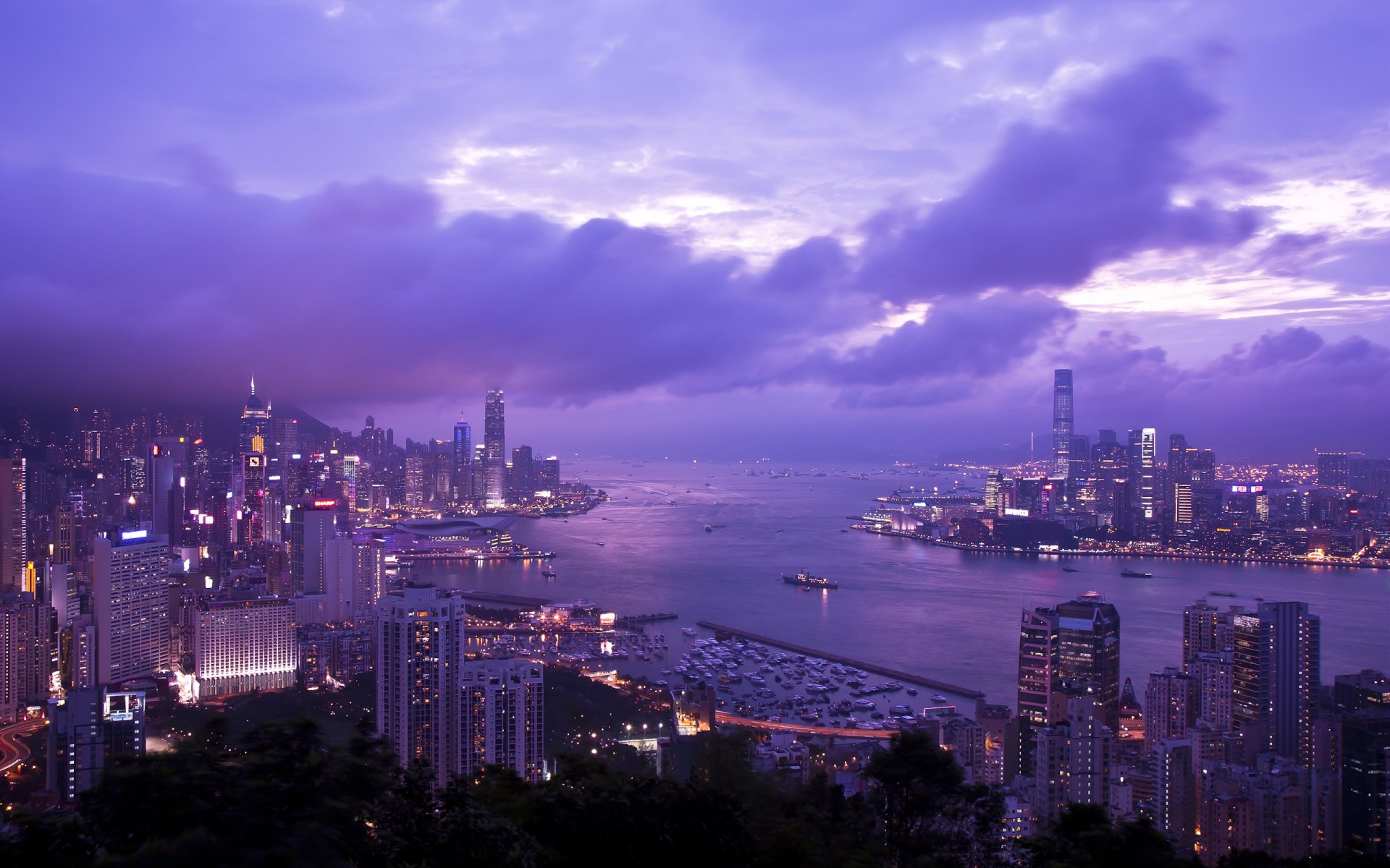 china hong kong braemar hill victoria harbour skyscraper lighting gulf panorama night lilac sky cloud