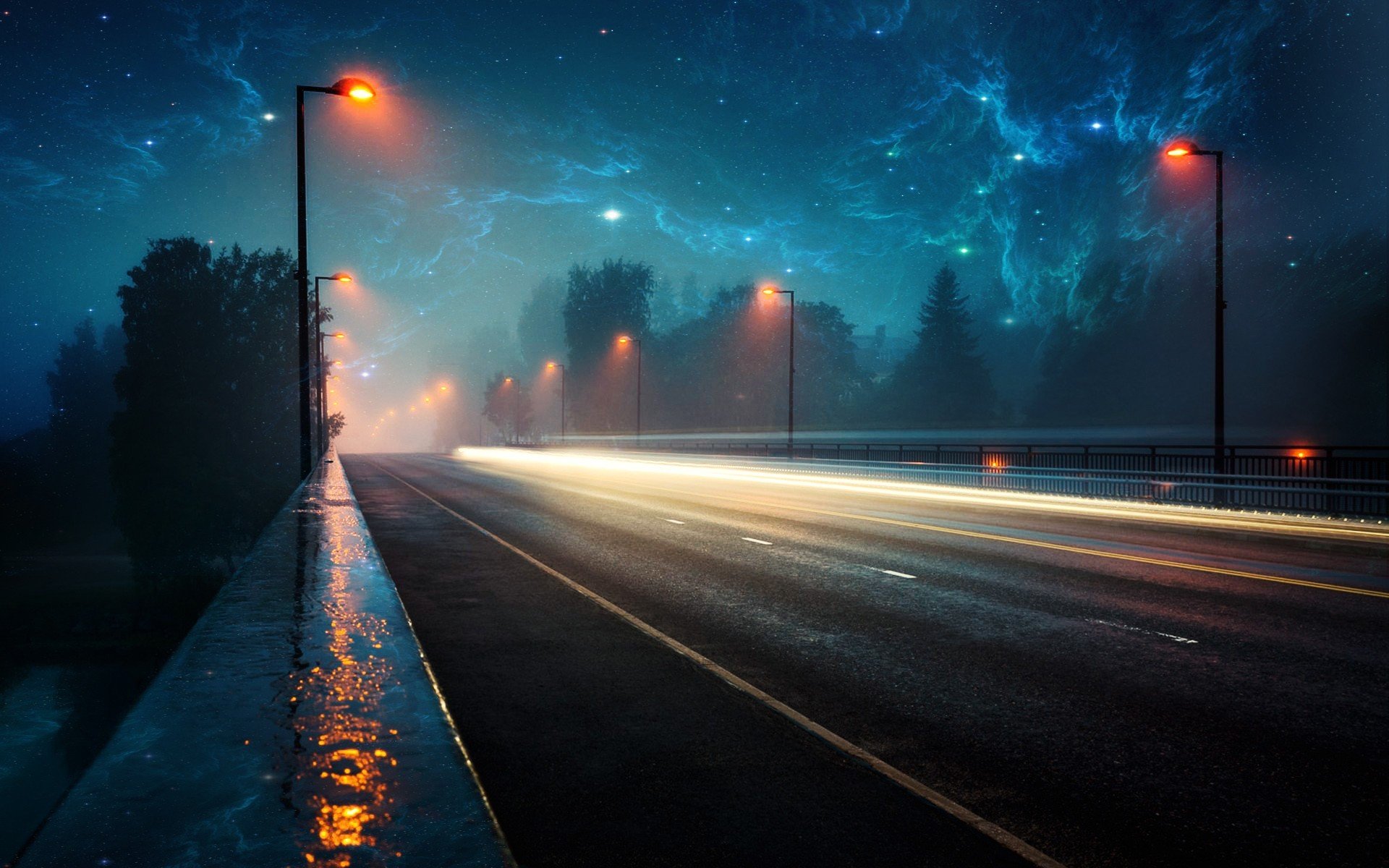 landschaft nebel raum licht straße abend regen nebel raum leichter lichter autobahnen