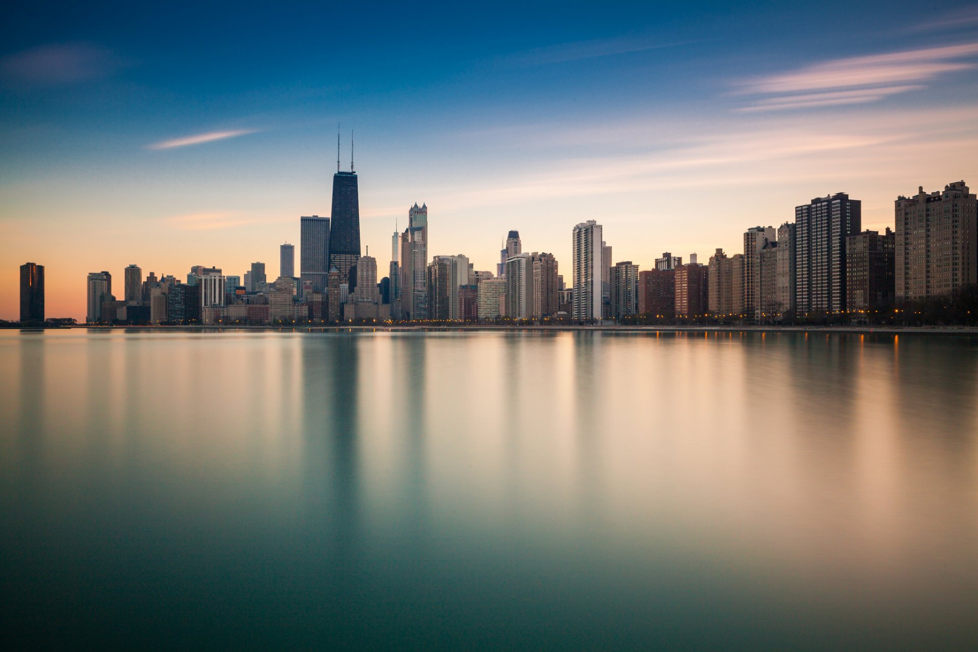 chicago illinois città oceano riflessione grattacieli riva panorama