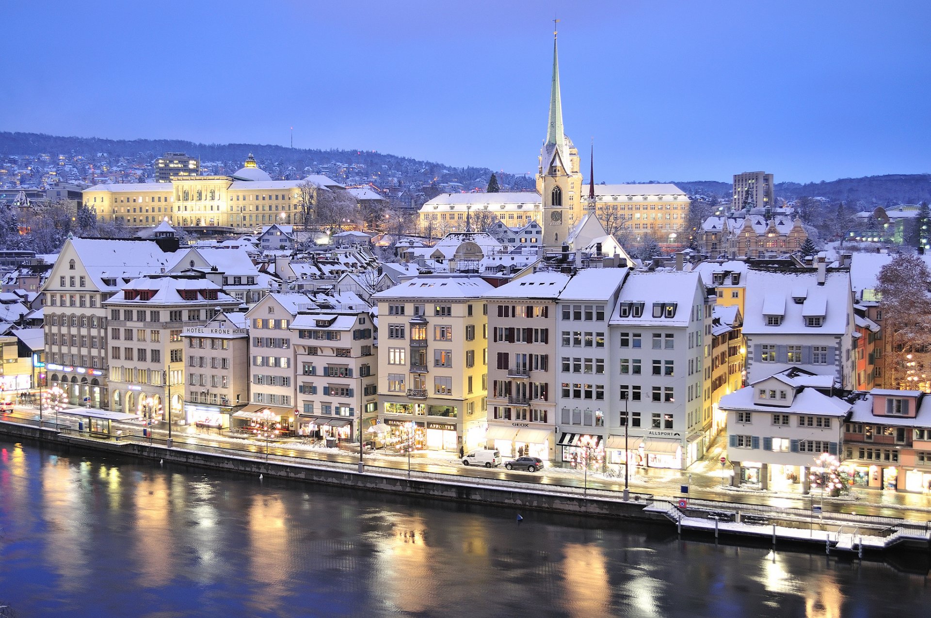 zürich schweiz himmel berge fluss häuser winter schnee abend lichter