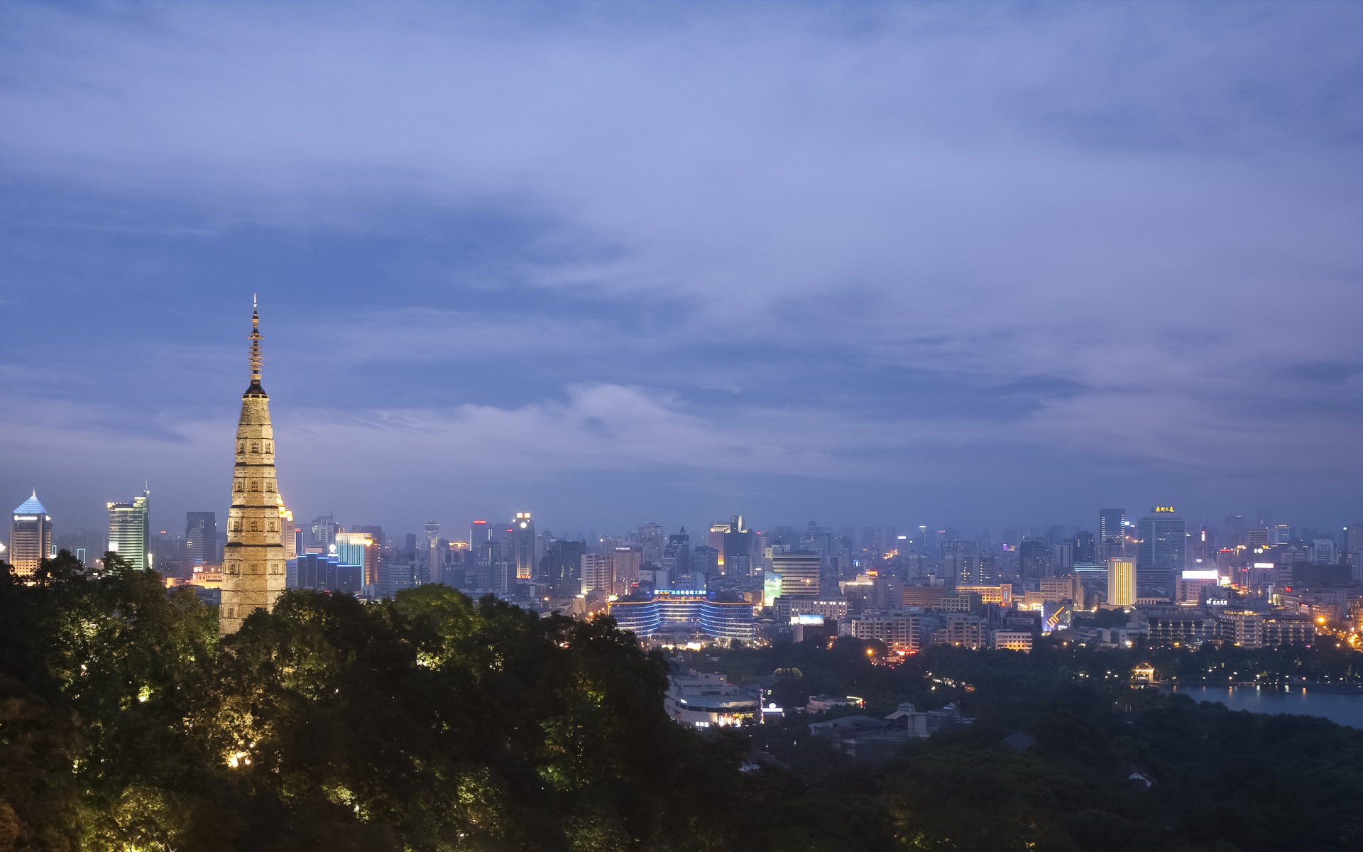 china hangzhou china city evening buildings houses lights lighting illumination panorama