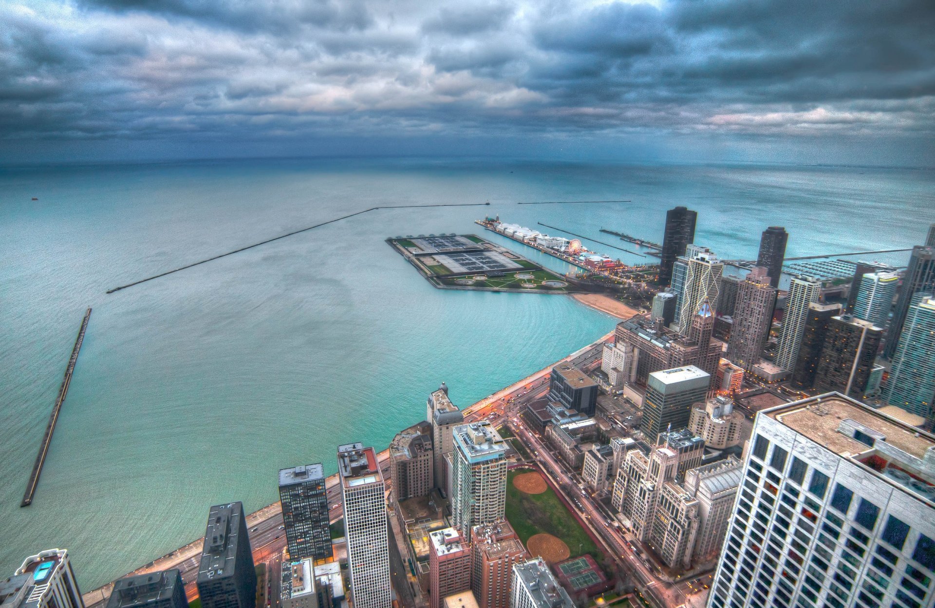 chicago illinois agua rascacielos américa noche luces estados unidos