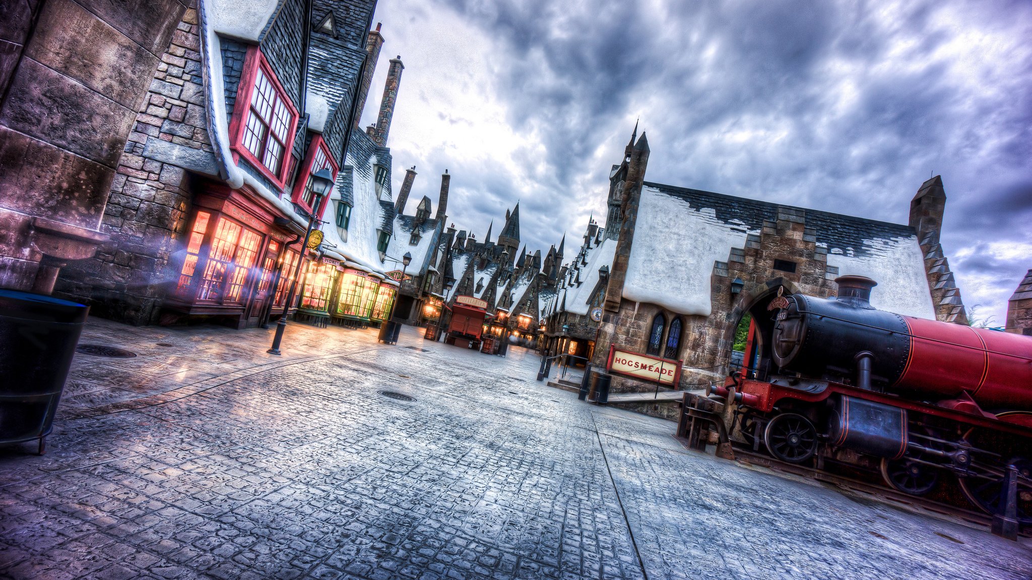 universal studios florida die magische welt von harry potter stadt straße häuser schnee winter