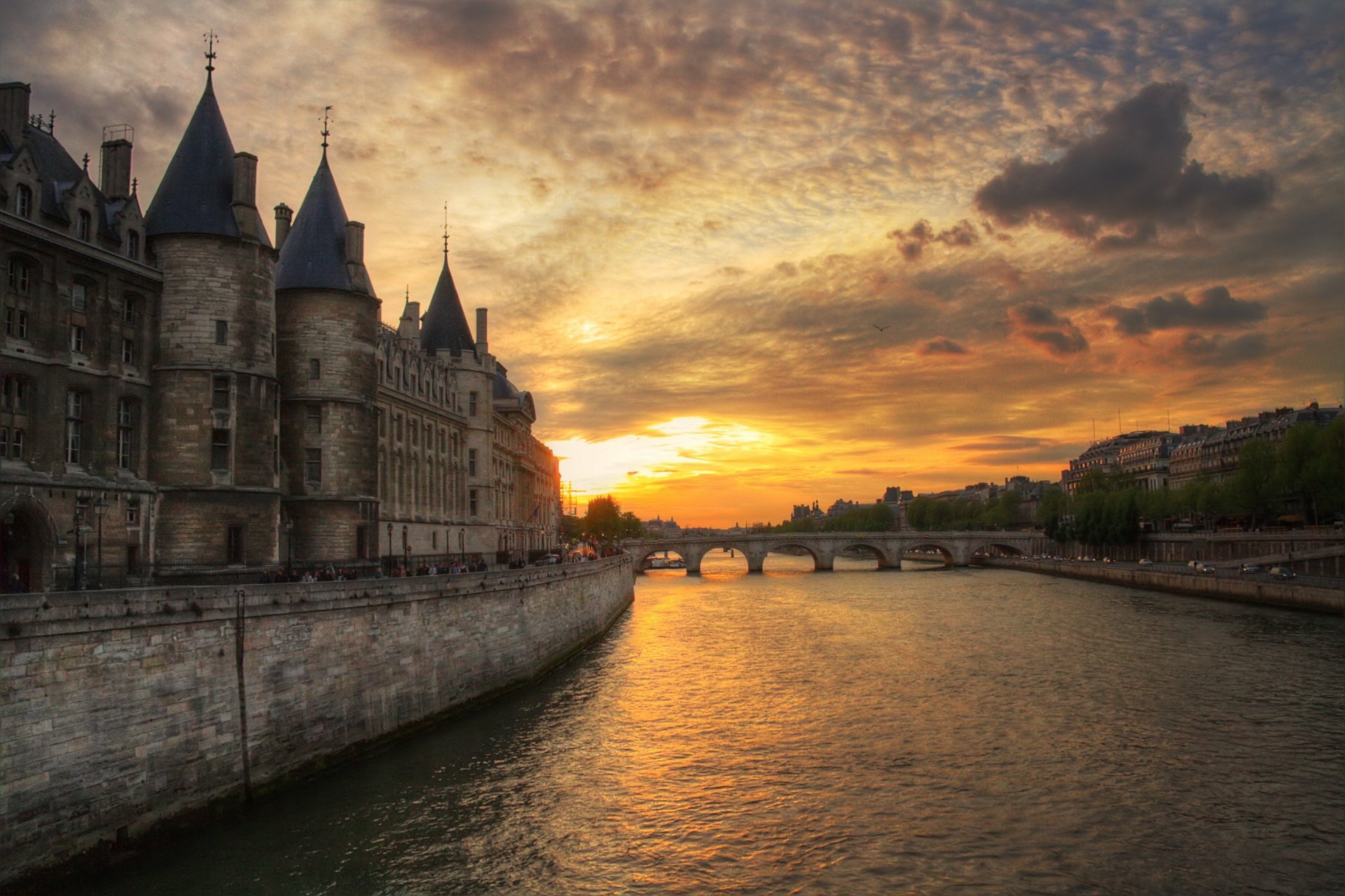 france paris rivière seine pont soir coucher de soleil