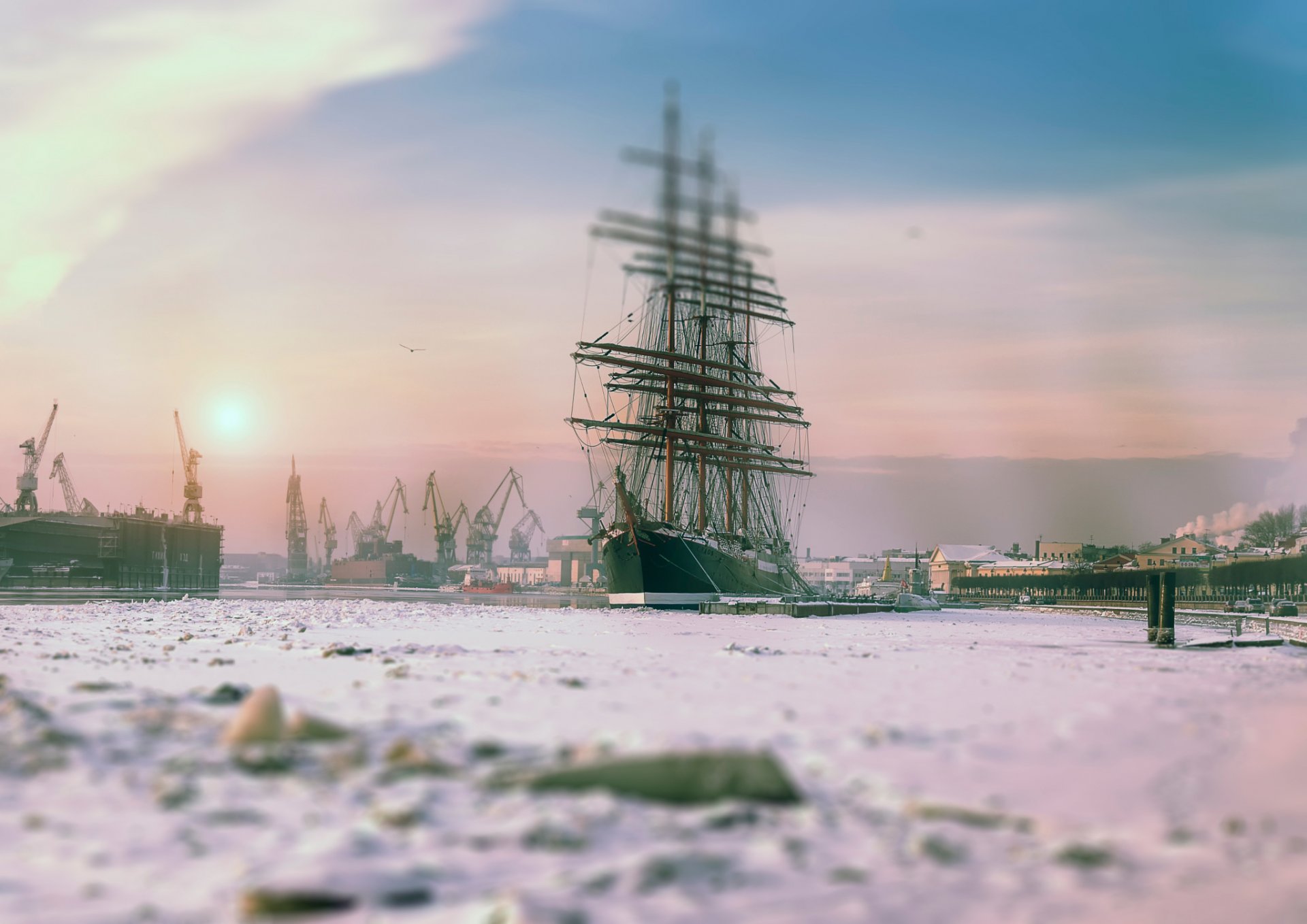 t. petersburg winter morning barque sedov