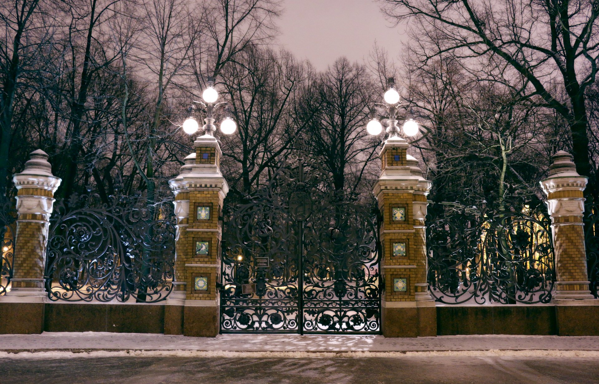 petersburg krata brama noc światło latarnie