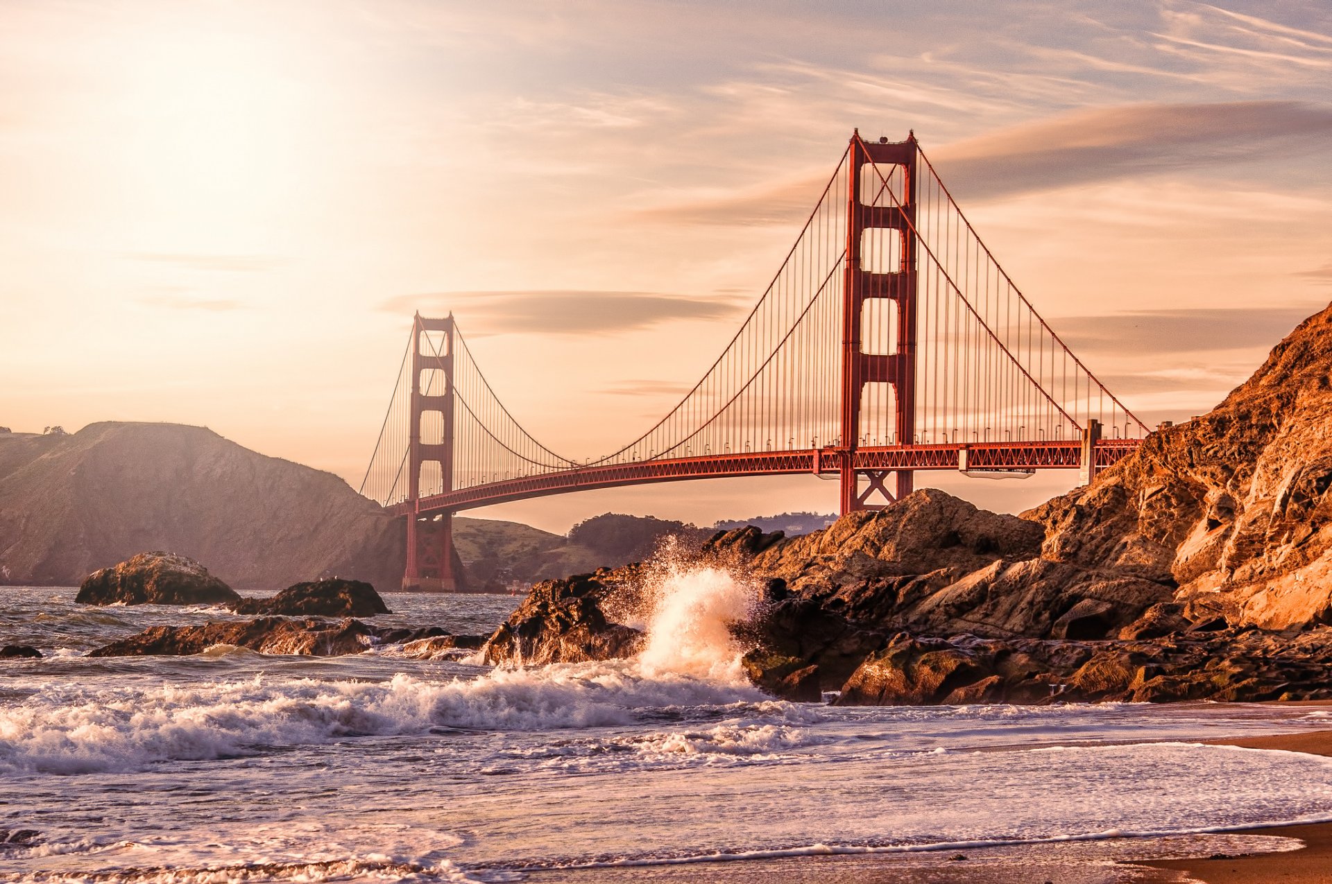 usa city san francisco bridge golden gate rocks rocks shore waves spray beach