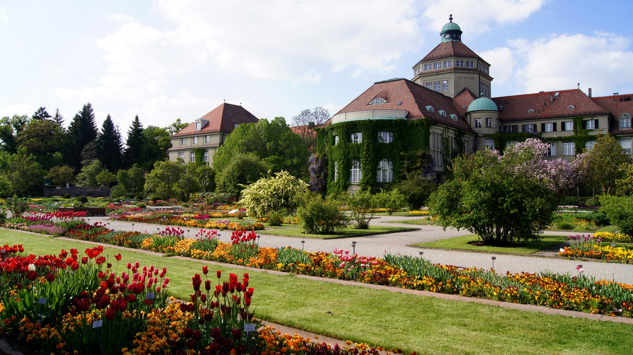 munich germany botanical garden sky house alley bed flower landscape