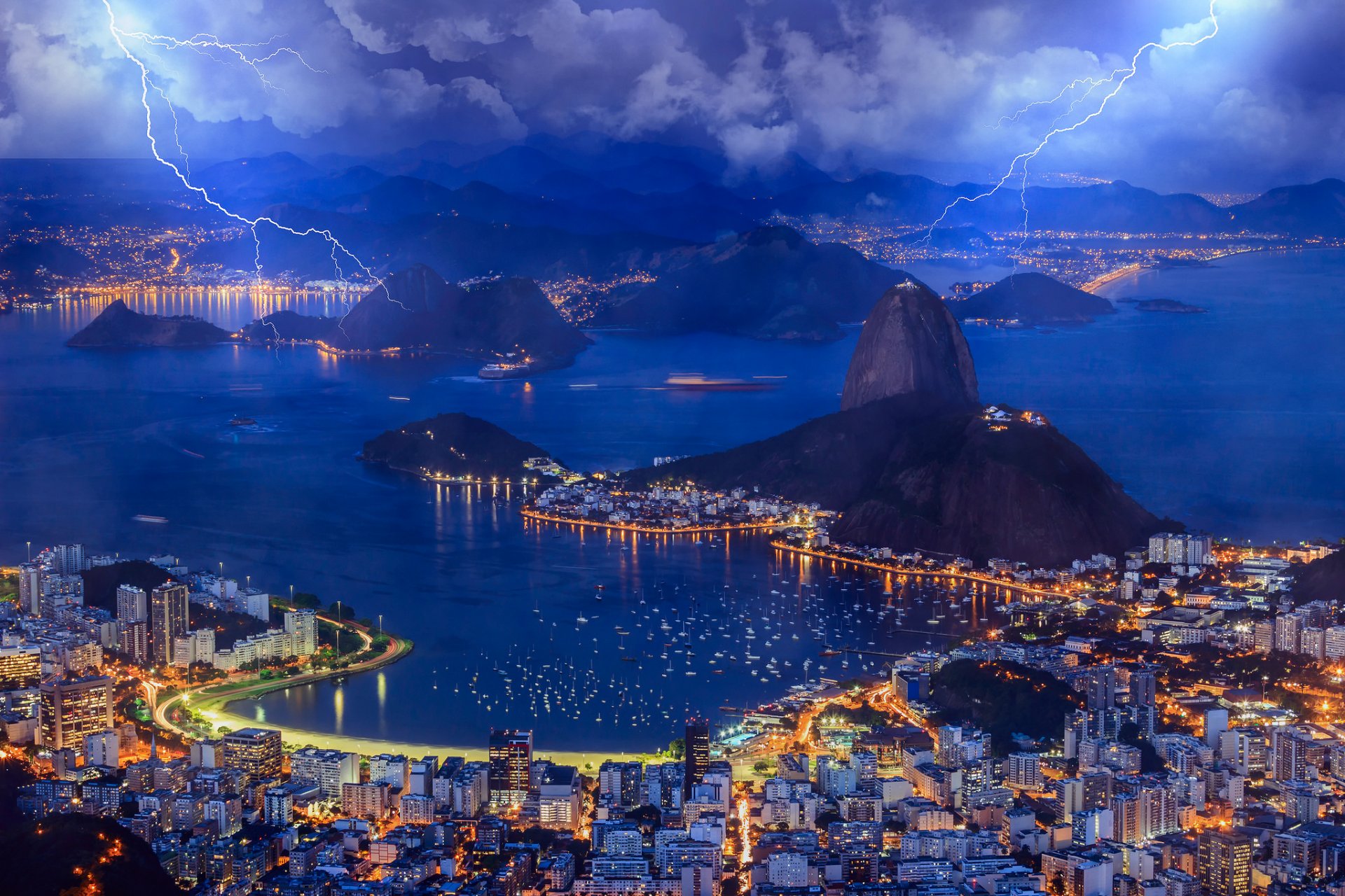 brasilien stadt rio de janeiro bucht bucht abend himmel wolken blitze lichter