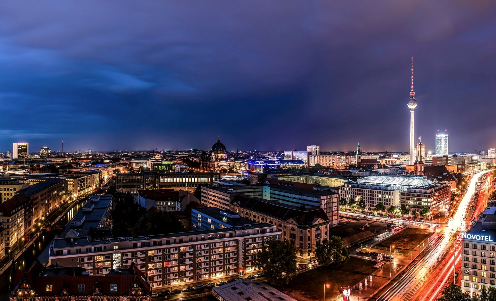 berlin germany city capital panorama berliner dom berlin cathedral tv tower illumination road exposure lights houses buildings street