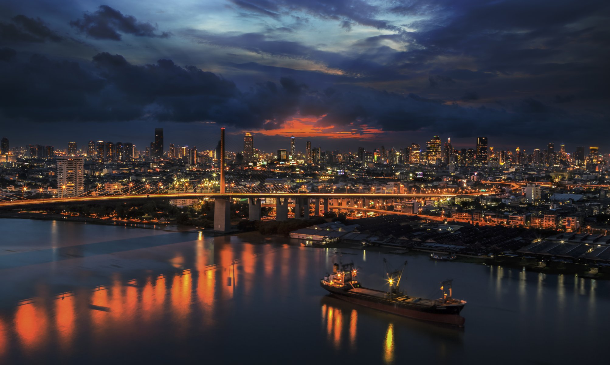 bangkok thaïlande ville route soir bâtiments coucher de soleil nuages