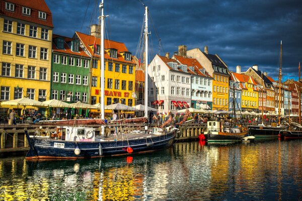 Copenhagen embankment in the evening lights