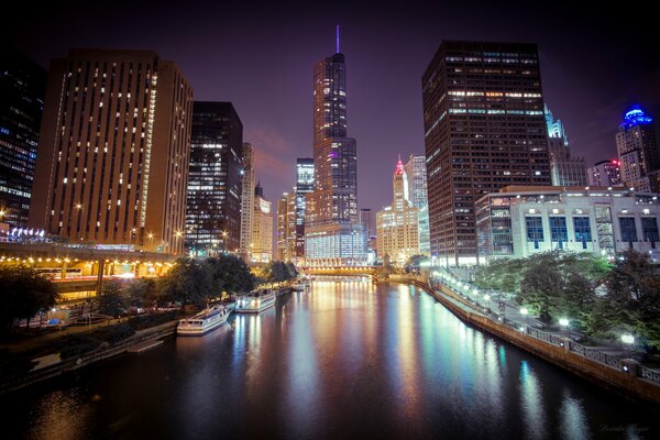 Night skyscrapers in Chicago