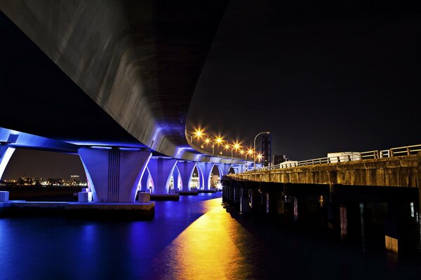 Miami por la noche. Puente en la ciudad