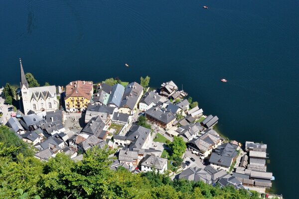 An Austrian village in the mountains. Top view