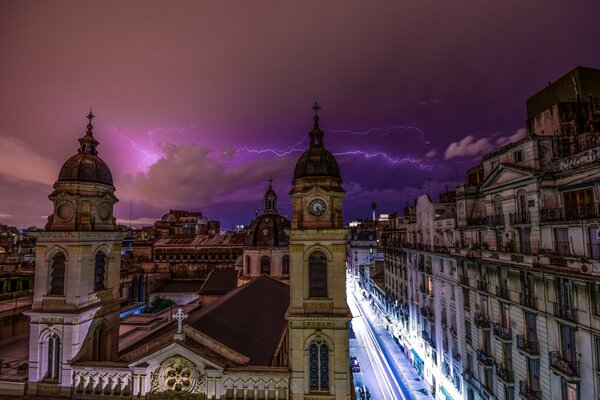 Lightning and thunderstorm in the city near the monastery