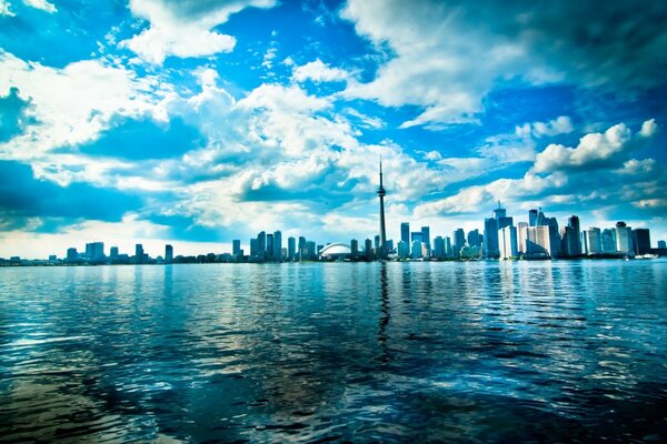 Blue Lake, Toronto. There is a city on the horizon. Beautiful sky