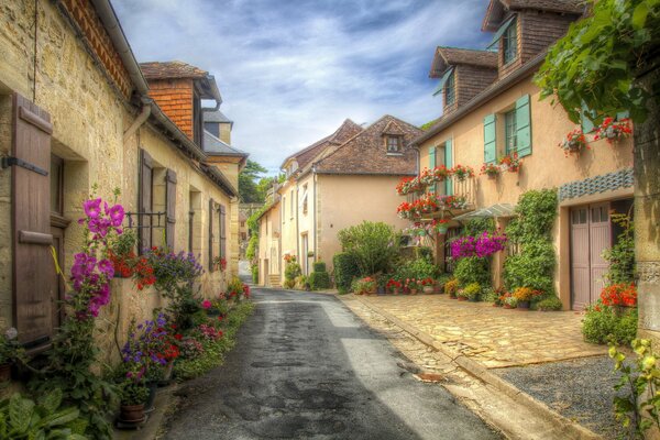 French city street between houses decorated with greenery