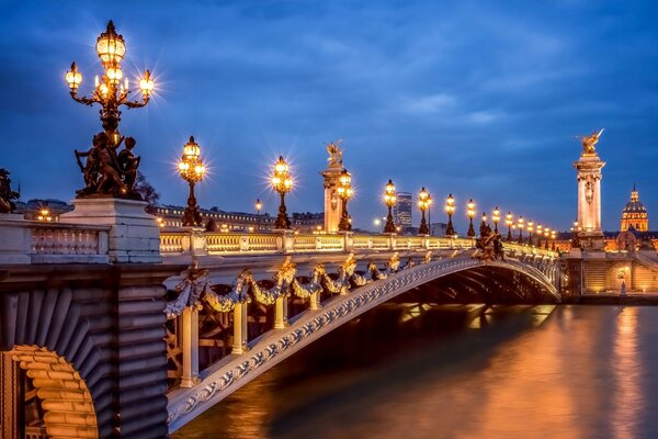 Puente con linternas en París en el Sena
