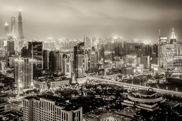 Panorama of Shanghai at night in sepia