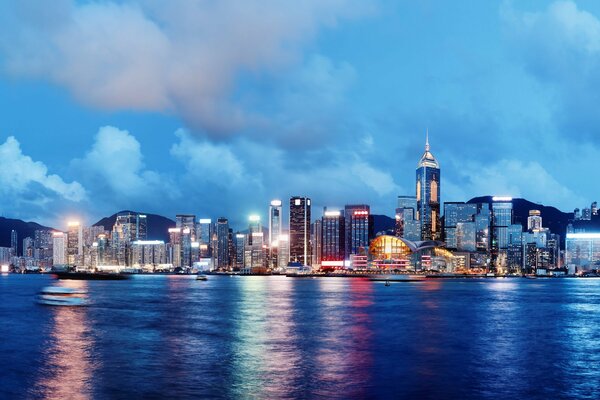 The sea in China with buildings on the shore