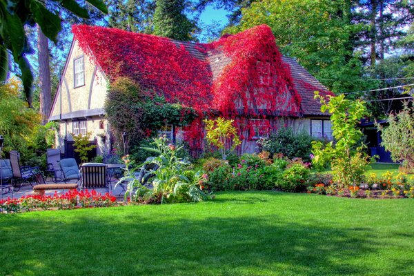 Maison avec toit en feuilles rouges et espaces verts