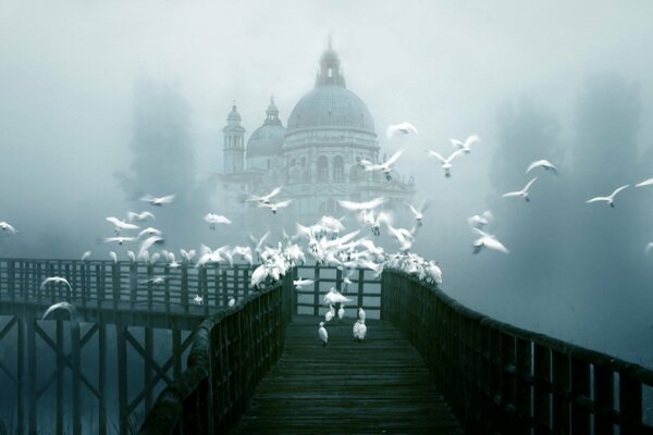 Una ciudad en la niebla con un puente y pájaros