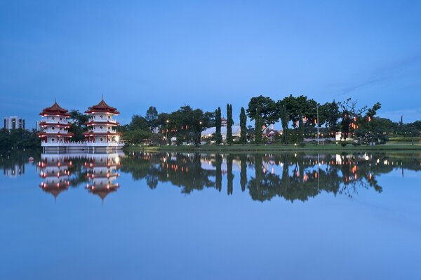 Reflection of the Chinese garden in the lake