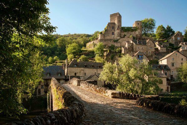 Beautiful photo of France. Houses, Belkastel Bridge