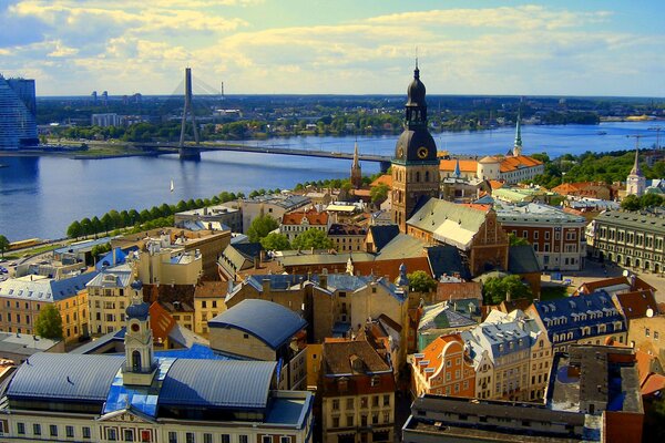 A piece of Riga (Latvia) with houses, sky and a bridge over the river