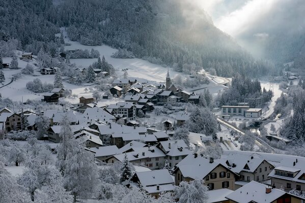 Snow on the roof of Swiss houses