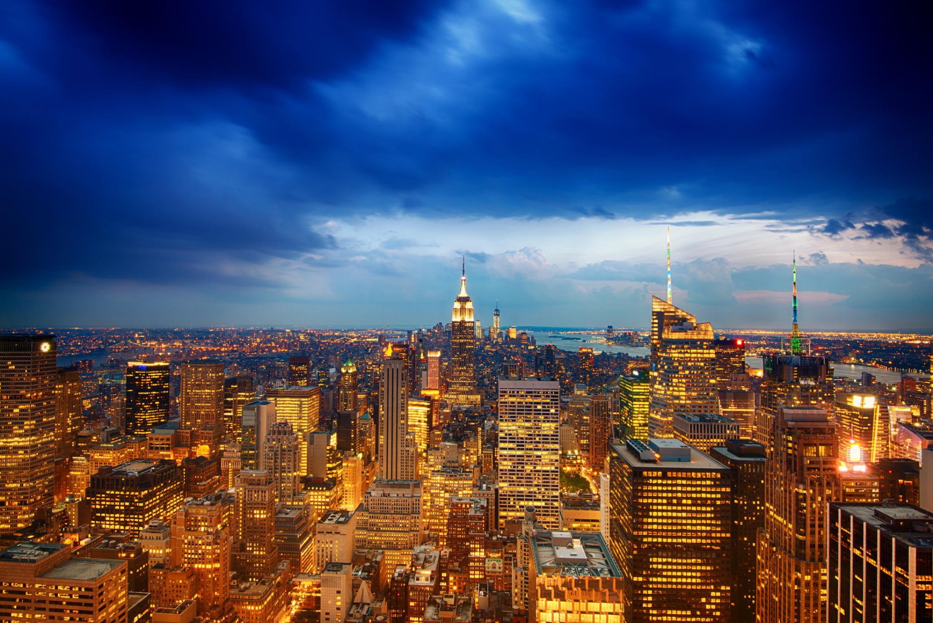 new york usa manhattan empire state building theaterviertel stadt panorama abend ansicht