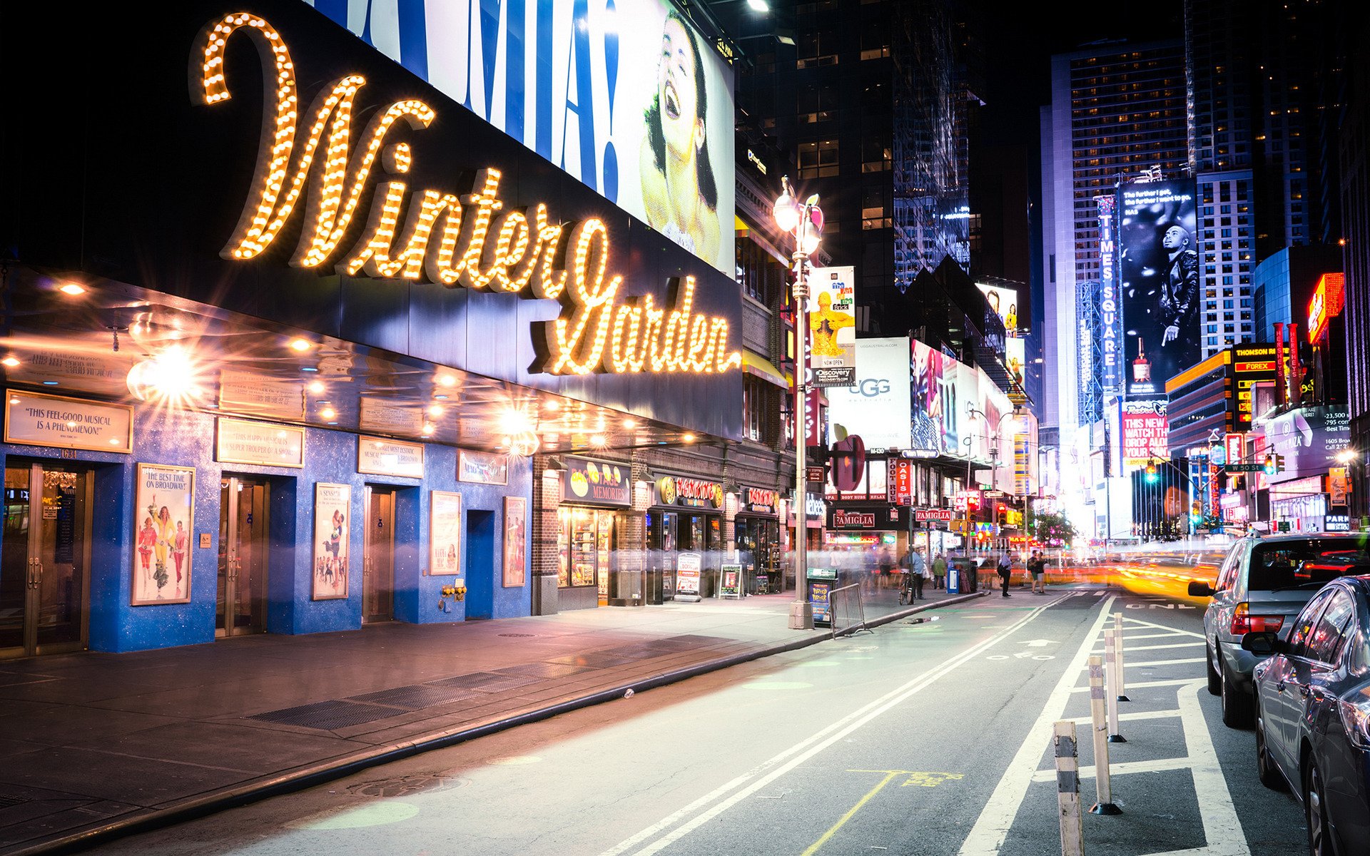 usa new york winter garden theater street lights signs skyscraper