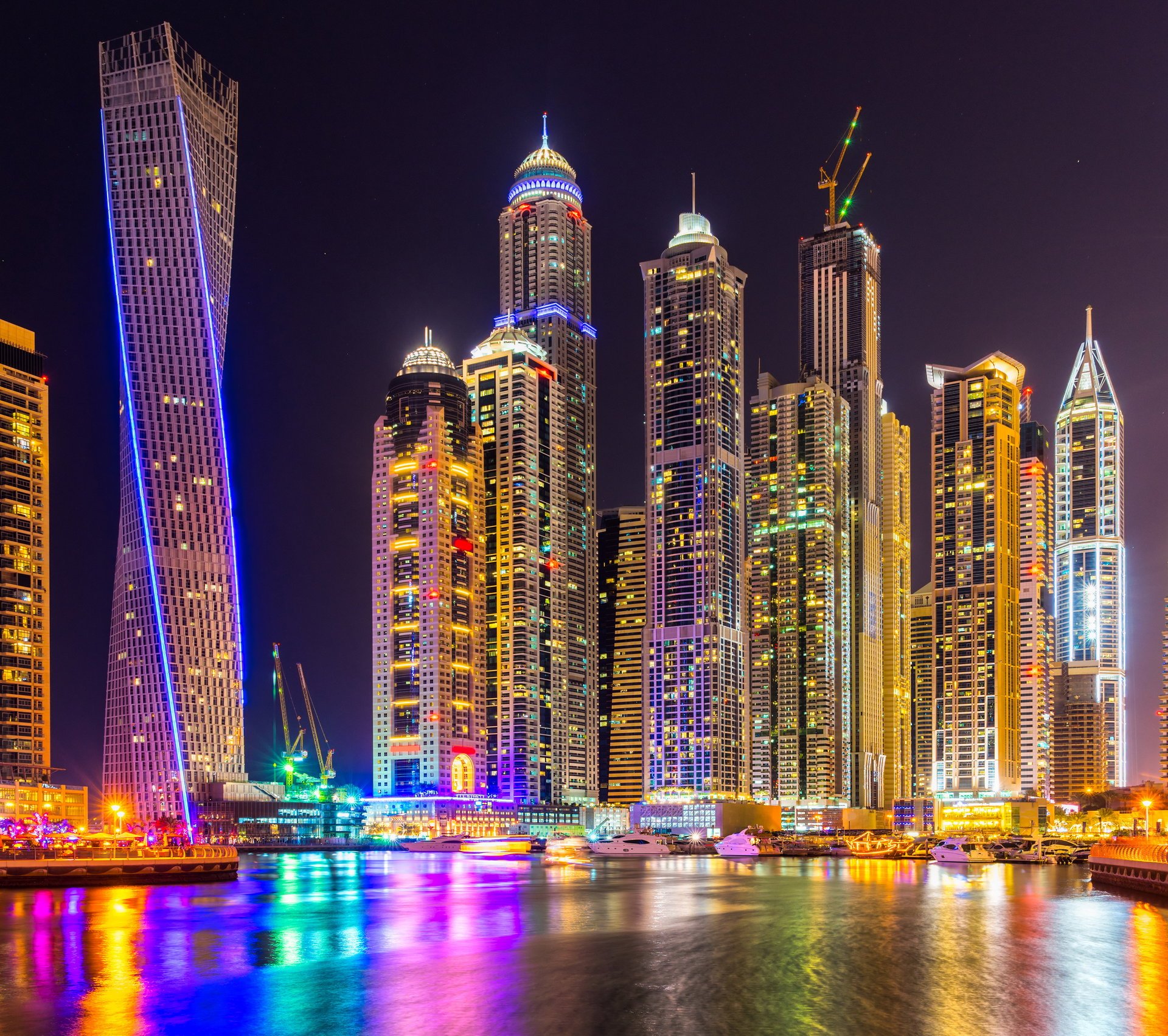 dubai city skyscrapers building night lights colorful splendor arab emirate