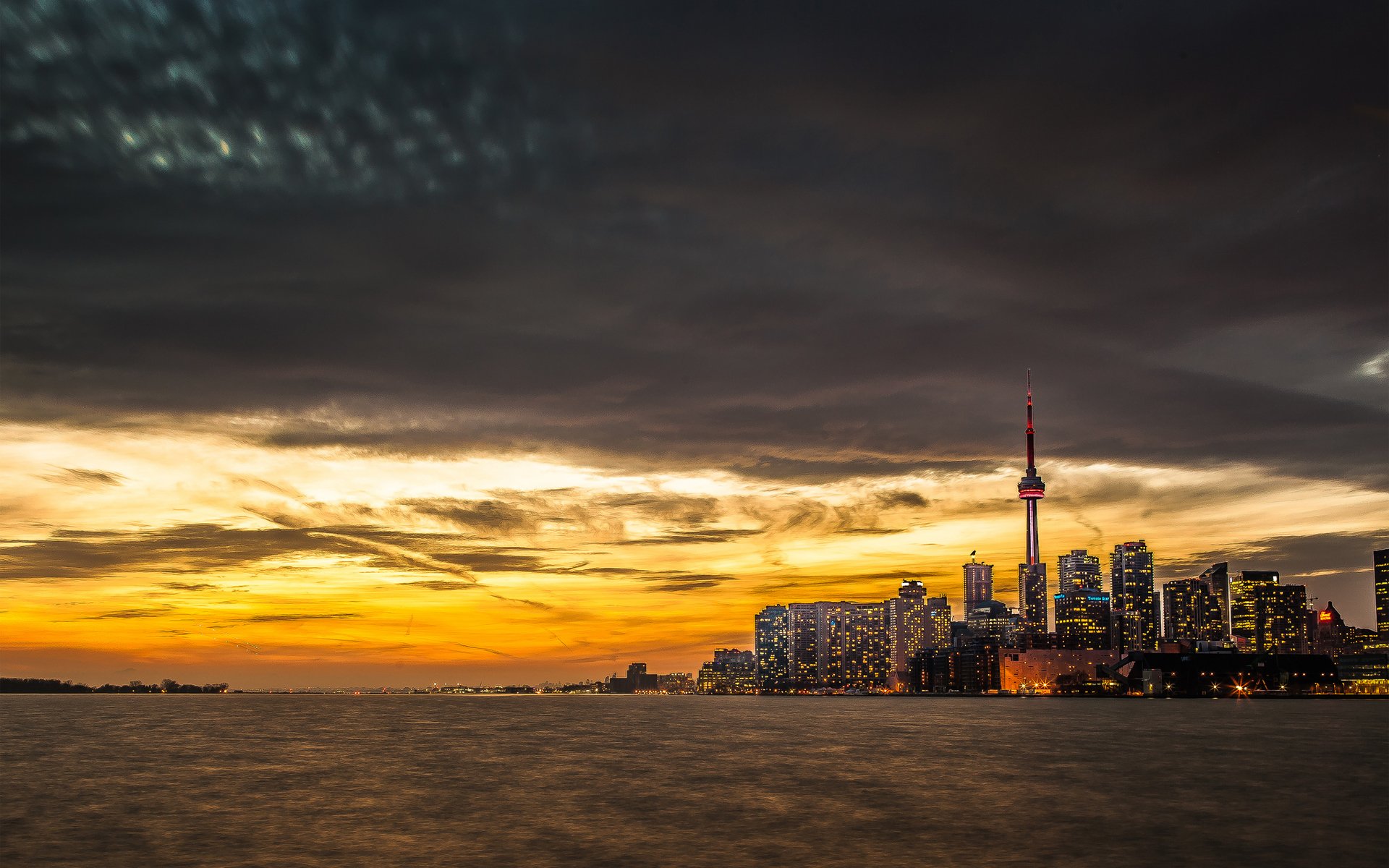 toronto town water lake buildings the tower sunset