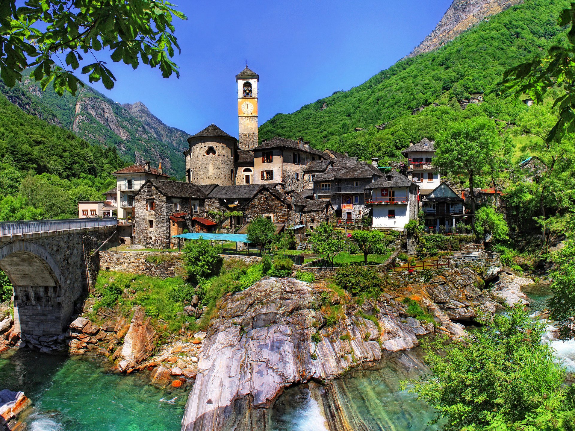 witzerland ticino sky mountains houses trees landscape rock river bridge tower slope