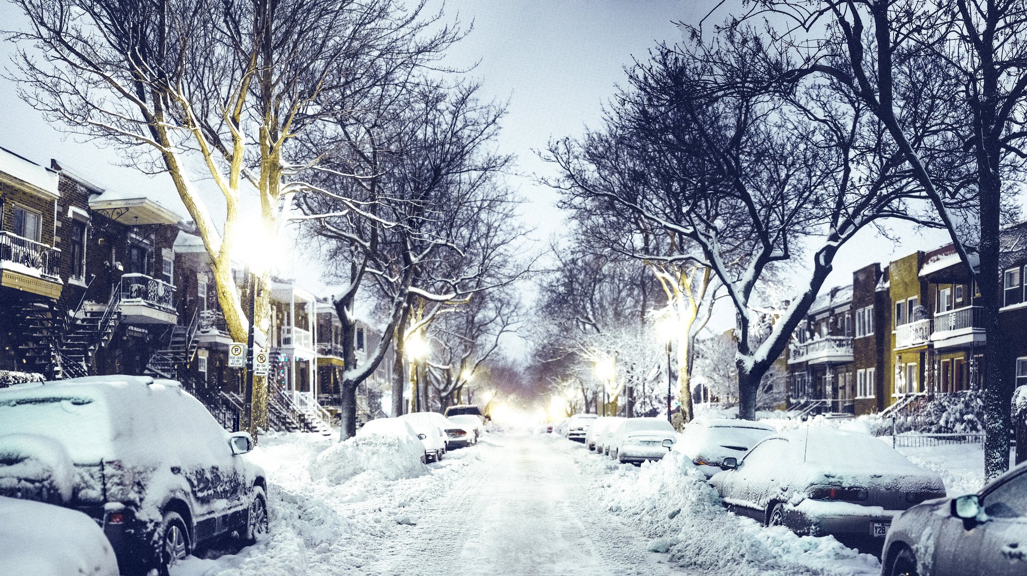 canada québec ville rue soirée route voitures maison lanternes neige hiver