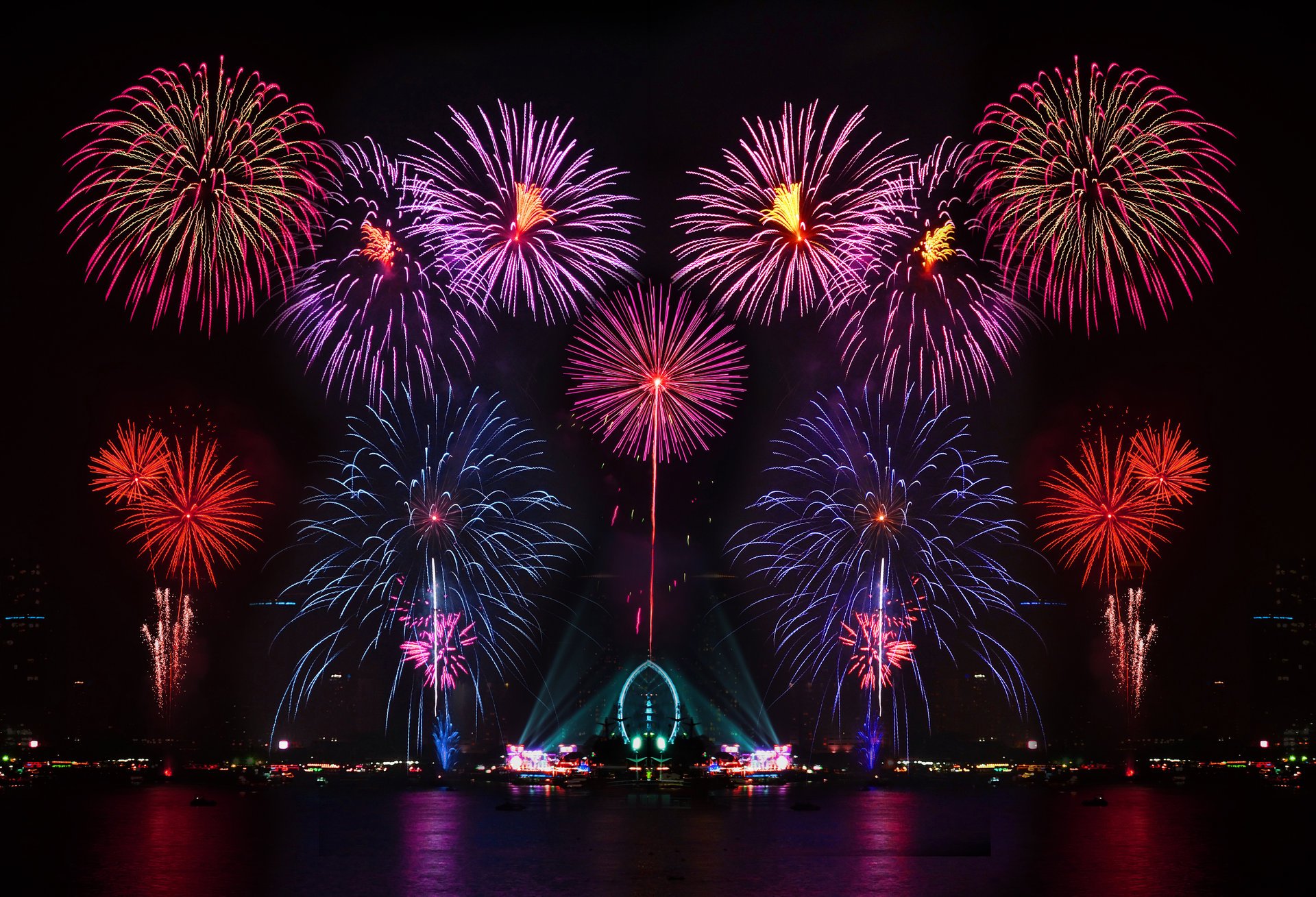 feuerwerk nacht lichter bunt reflexion wasser stadt gruß lichter