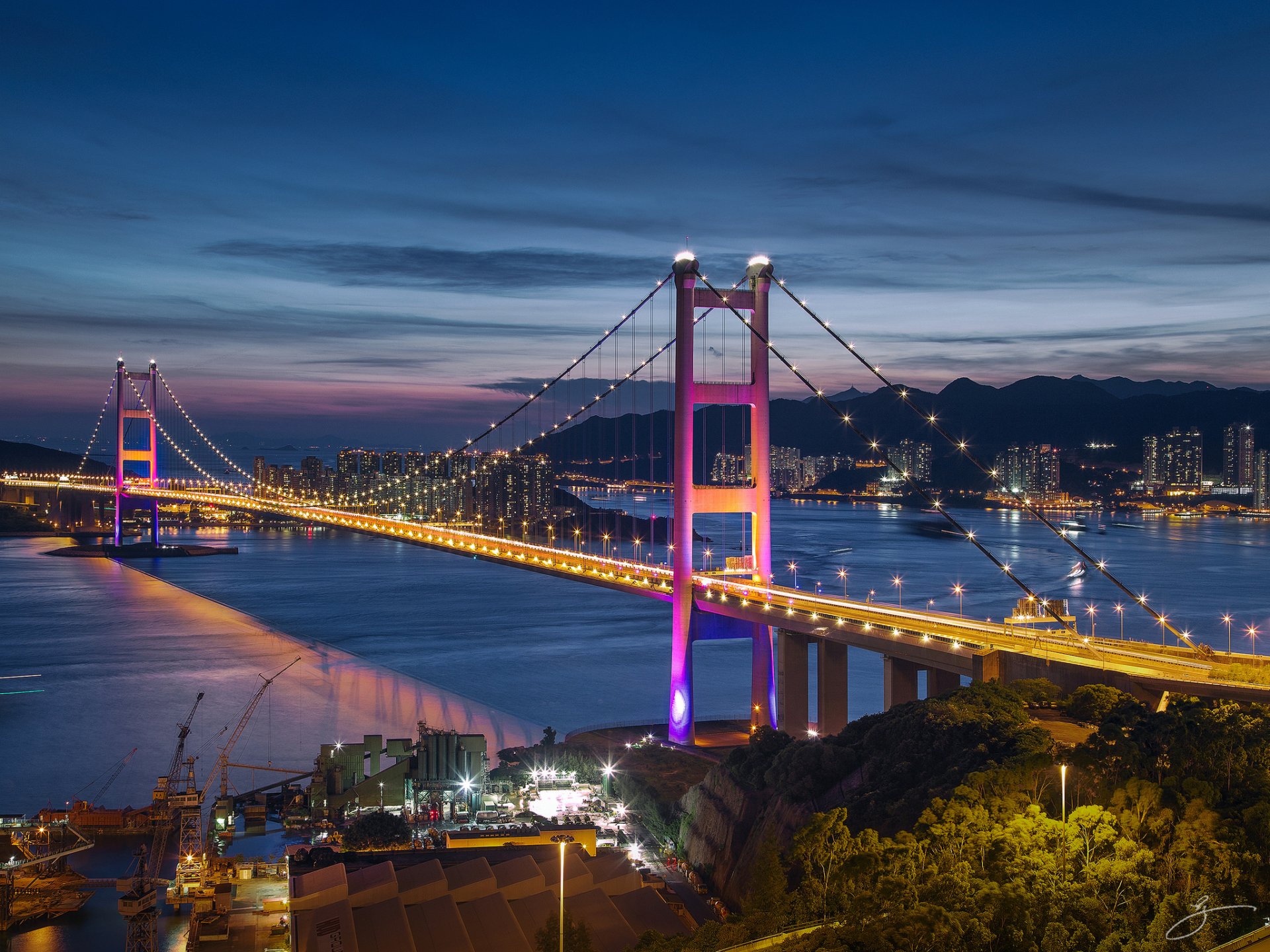 hongkong xianggang nacht meer brücke lichter beleuchtung