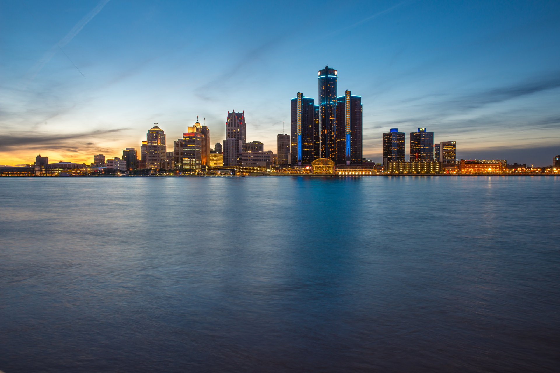 detroit blue hour windsor ontario skyline evening