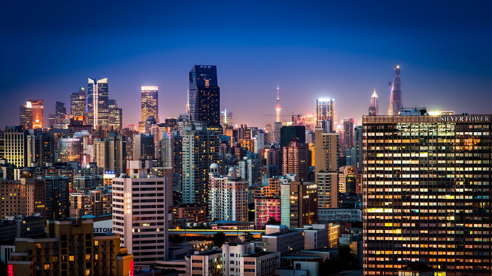 hanghai china night city buildings panorama