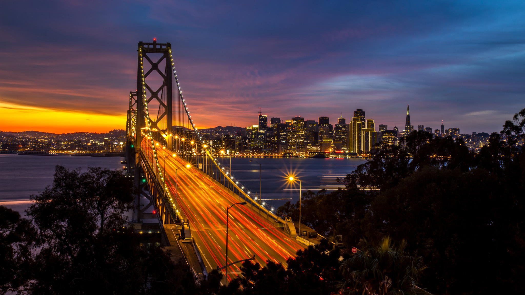 an francisco california usa golden gate bridge golden gate city night bridge road lights shutter speed lanterns lighting water strait skyscrapers houses building