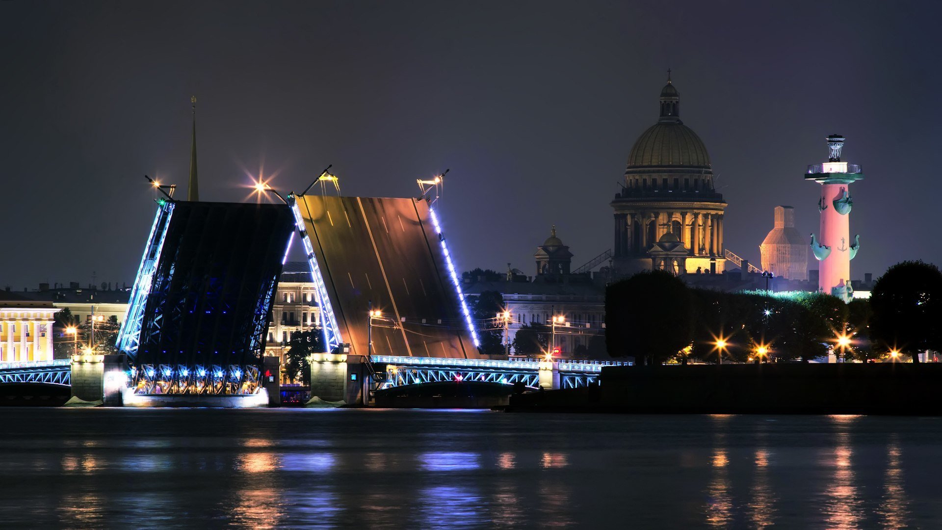 t. petersburg st. petersburg russia night city lights river neva road bridge cathedral lantern